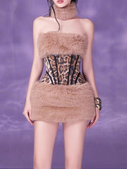 Leopard Print Sequin Fishbone Tank Top And Plush Short Skirt Set