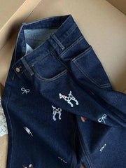 Embroidered High Waisted Straight Leg Jeans
