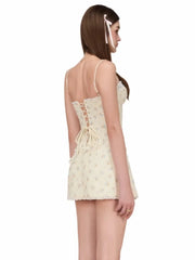 Spaghetti Strap Lace-up Crop Top And Mini Floral Bow Skirt Set