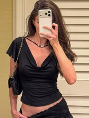 Black Draped Neckline T-Shirt