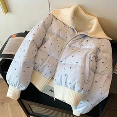 Blue Floral Print Puffer Ribbed Trim Zipper Jacket