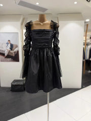 Black Satin Sheer Long Polka Dot Sleeves Mini Dress