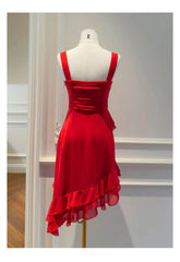 Red Ruffled Sweetheart Neck Strappy Irregular Hem Midi Dress