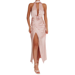 Satin Long Halter 3D Flower Split Long Dress