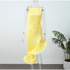 Sculpted Ruffle Asymmetric Hem Halter Midi Dress