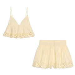 Yellow Eyelet V-neck Top And Shorts Set