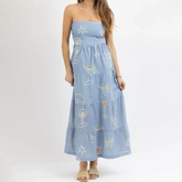 Long Sleeveless Tube Blue Printed Beach Dress