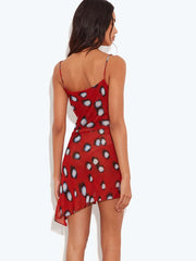 Red Printed Sheer Cowl Neck Mini Dress