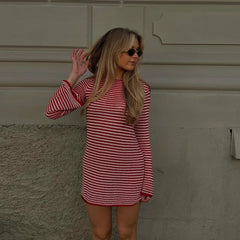 Red Stripe Ribbed Long Sleeve Mini Dress
