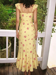 Yellow Printed Short Sleeve Tied Up Front Midi Dress
