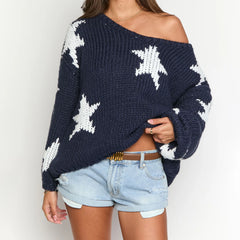 Star Pattern Blue Off Shoulder Sweater