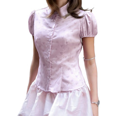 Pink Floral Print Puff Short Sleeve Button Down Top