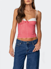 Gingham Lace Trim Spaghetti Strap Top