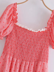 Red Smocked Heart-shaped Printed Mini Dress