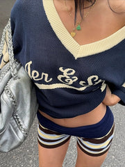 Knit Letter Print V-neck T-Shirt