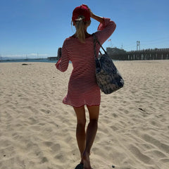 Red Stripe Ribbed Long Sleeve Mini Dress