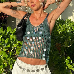 Women's green knit sequin tank top with a short length.
