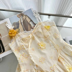 Yellow Spaghetti Strap Embroidered Flower Midi Dress