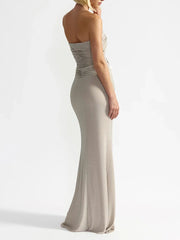 Grey Waist Tie Strapless Draped Maxi Dress