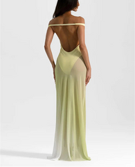 Wrap Off-shoulder Strap Mesh Bodysuit Maxi Dress