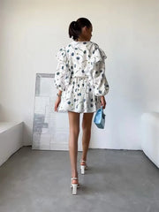 White Printed Ruffle Long Sleeve Shirt And Shorts Set