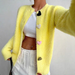 Heart Shaped Button Fuzzy Knit Cardigan
