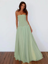 Green Corset Strapless Mesh Tulle Maxi Dress