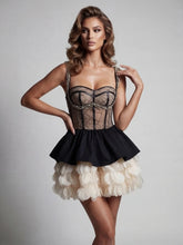Beaded Strap Mesh Tiered Ruffle Patchwork Mini Dress