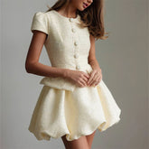 Tweed Puffy Sleeve Shirt And Bubble Skirt Set