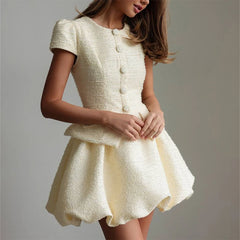 Tweed Puffy Sleeve Shirt And Bubble Skirt Set