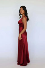 V-neck Satin Backless Pearl Chain Long Dress