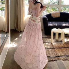 Pink Floral Pleated Slip Long Dress