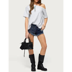 Off Shoulder Short Sleeve Distressed Tee