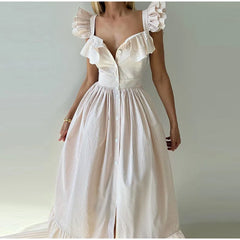 Ruffles Striped Square Collar Buttoned Long Dress