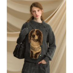 Dog Jacquard Knitted Button-Up Lapel Sweater