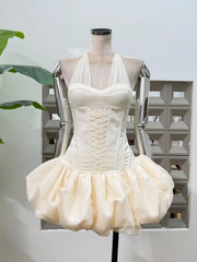 Halter Neck Mesh Patchwork Puff Mini Dress