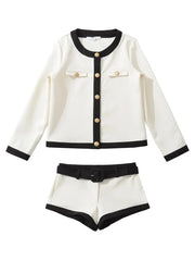 Two Tone O-Neck Long Sleeve Cardigan And Low Waist Shorts Set