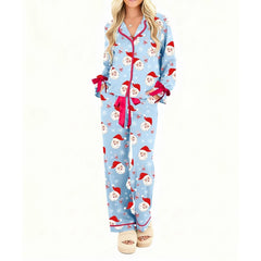 Christmas Bow Tie Ruffle Long Sleeve Shirt with Pants Pj Set