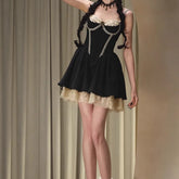 Black Fishbone Lace Trim Mini Dress