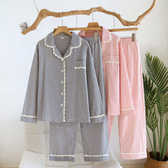 Lace Trim Plaid Long Sleeve Shirt And Pants Two Piece Sleepwear Set