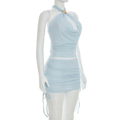 Textured Metal Buckle Halter Top And Mini Skirt Set