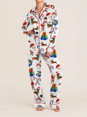 Christmas Bow/Dog/Snowman Print Long Sleeve Shirt with Pants Sleepwear Set