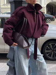 Red Stand Collar Long Sleeve Zipper Cover Short Jacket