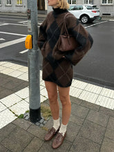 Brown Plaid Turtleneck Sweater And Knit Skirt Set