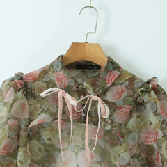 Green Floral Mesh Strapless A-line Mini Dress With Removable High Collar Bow Sleeves