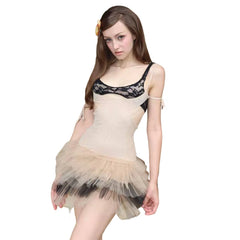 Beige Layered Strappy Top And Tulle Mini Skirt Set