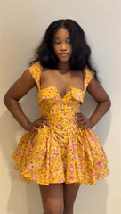 Floral Printed A-Line Low Cut Mini Dress