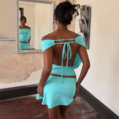 Blue One Shoulder Backless Top And Mini Skirt Set