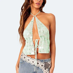 Sequin Knitted Tie Up Top - Backless Casual Tank