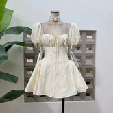 Puff Sleeve Square Collar Embroidery Mini Dress